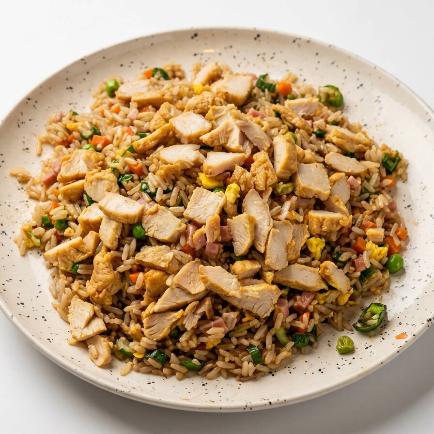 Arroz com Flocos de Ovos, Apresuntado, Cebolinha, Ervilha, Cebola Picada e Alho