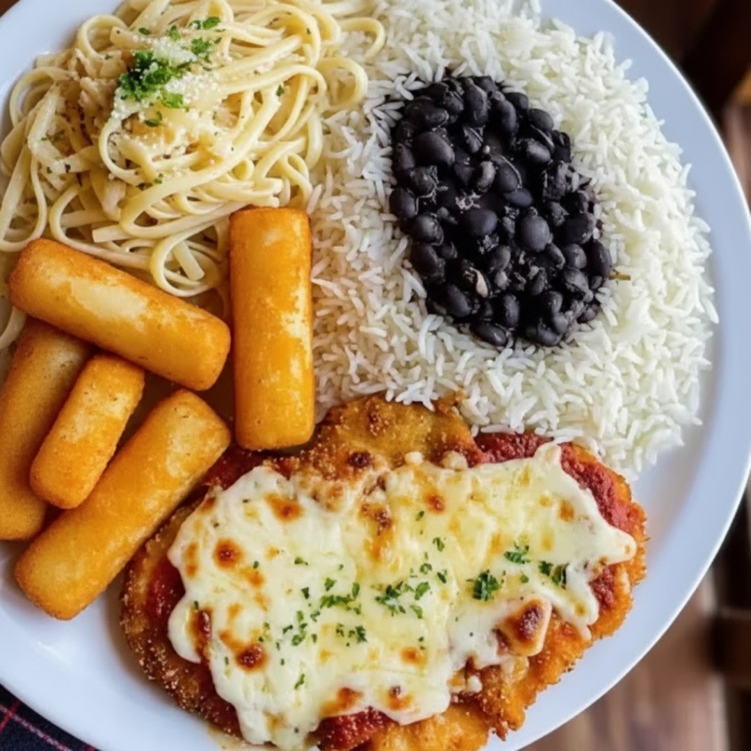 Deliciosa marmita de frango a parmegiana, com batata frita, arroz soltinho, feijão fresquinho, macarrão do Dia e farofa da casa.