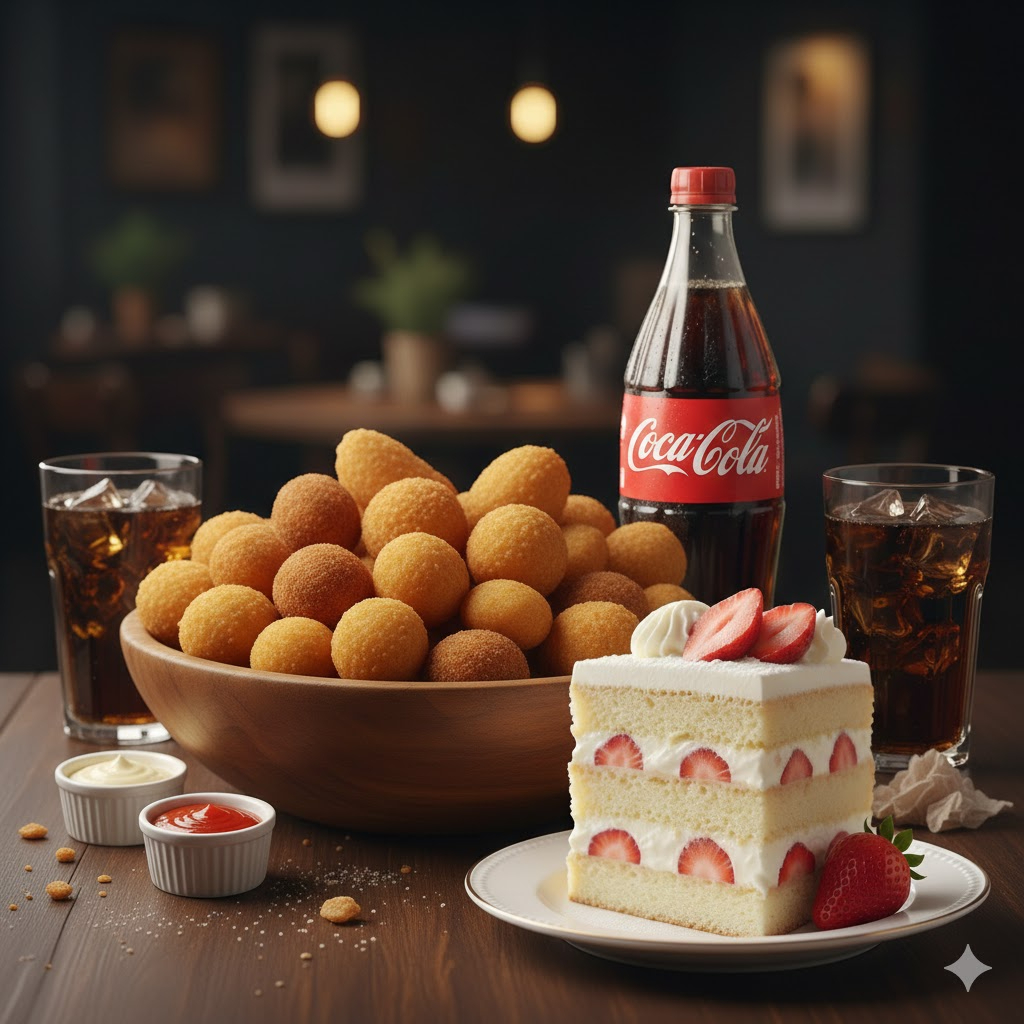 Descubra o porquê deste prato ser um dos nossos *Campeões de Vendas*! Nossa seleção conta com 100 salgadinhos deliciosamente crocantes e irresistíveis, cuidadosamente produzidos em nossa cozinha e fritos no exato momento do seu pedido, garantindo a máxima frescura e sabor. Além disso, acompanham 1 Fatia de Bolo Morango com Ninho, cuja doçura, criando uma experiência gastronômica inesquecível. Para completar, uma refrescante Coca Cola de 2 litros. Tudo feito com ingredientes de alta qualidade e preparado com muito carinho, diretamente para a sua casa.