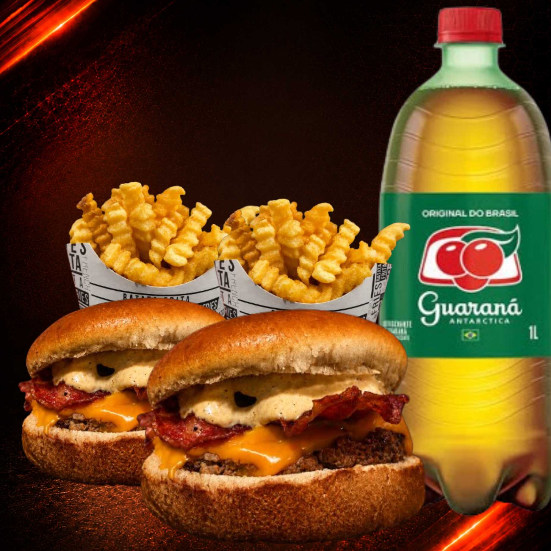 Uma verdadeira maravilha, velox bacon, com batata crincke 150g cada um (Falta em estoque será enviado a batata normal sem aviso previo), guarana 1l antartica bem gelado. Esse combo é perfeito para duas pessoas ou ate mesmo um casal, feito com muito amor e carinho
Ingredientes do lanche: pão, molho especial velox, hamburguer 100g angus, queijo cheddar, bacon paleta bem frito e molho novamnete.