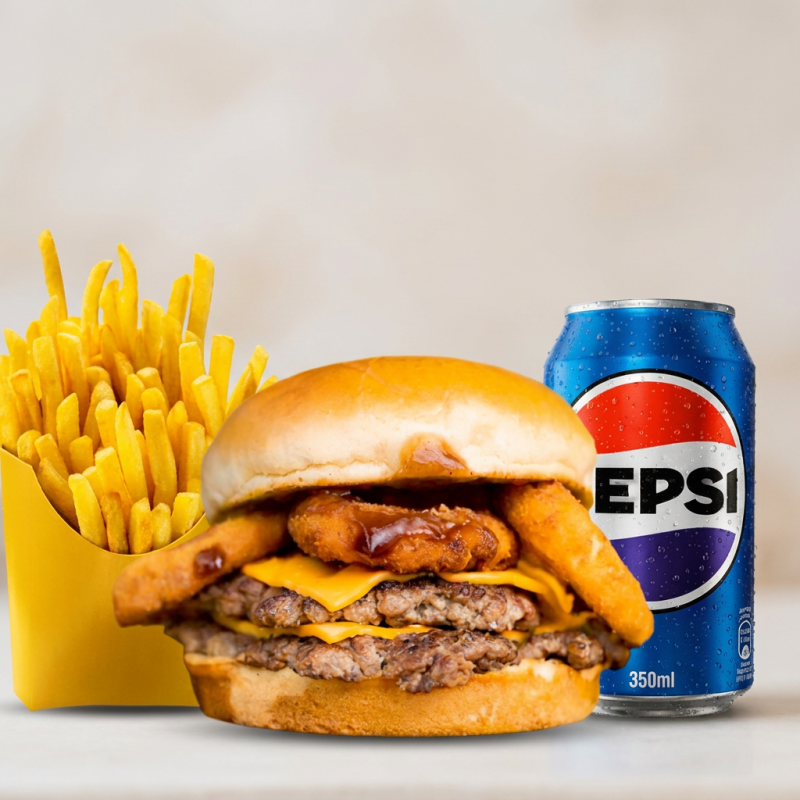 Pão brioche, dois discos de carne premium (70gr cada), duas camadas de queijo cheddar, onion ring ( cebola empanada ) e molho barbecue.
