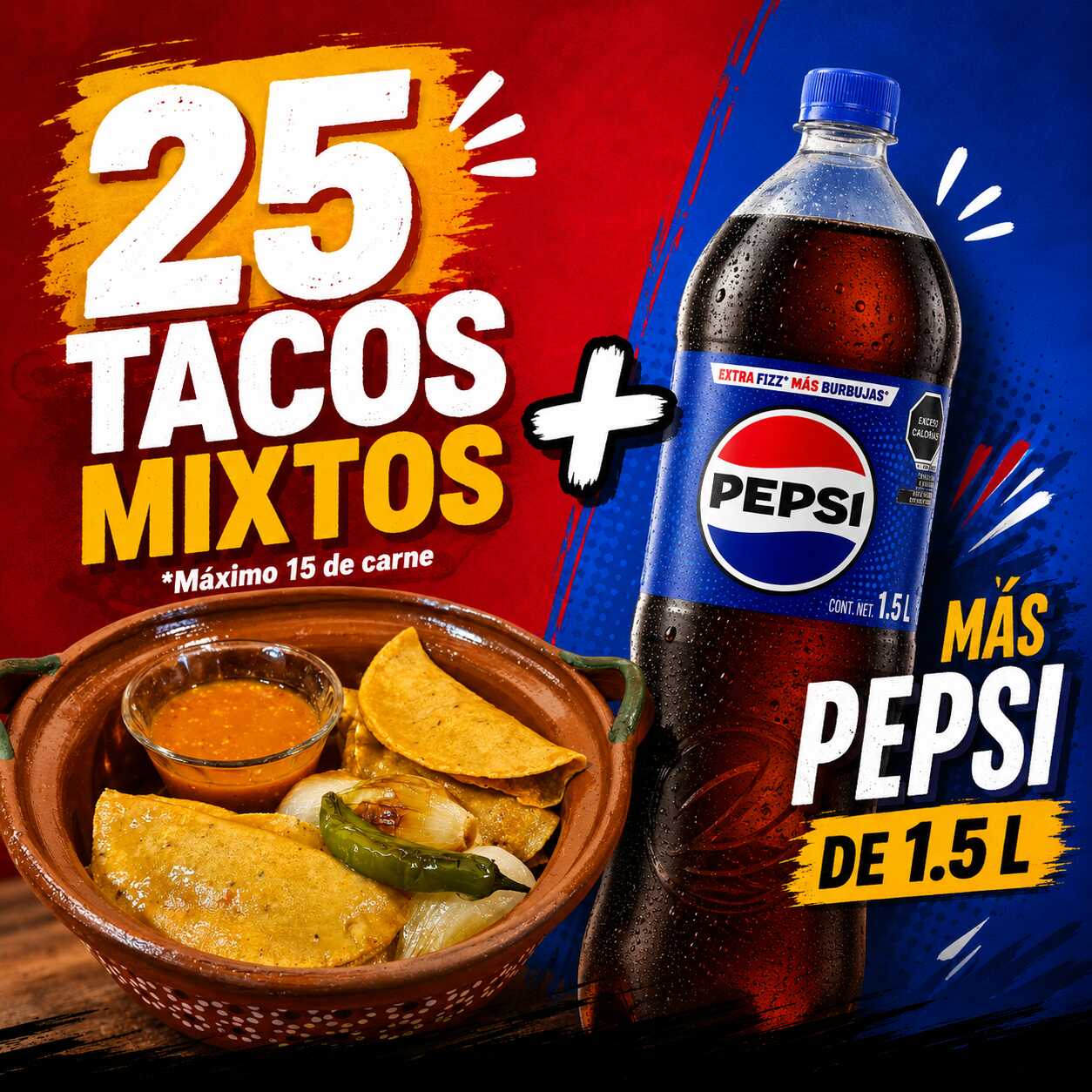 Combo Familiar 25 Tacos Mixtos Mas PEPSI de 1.5 L