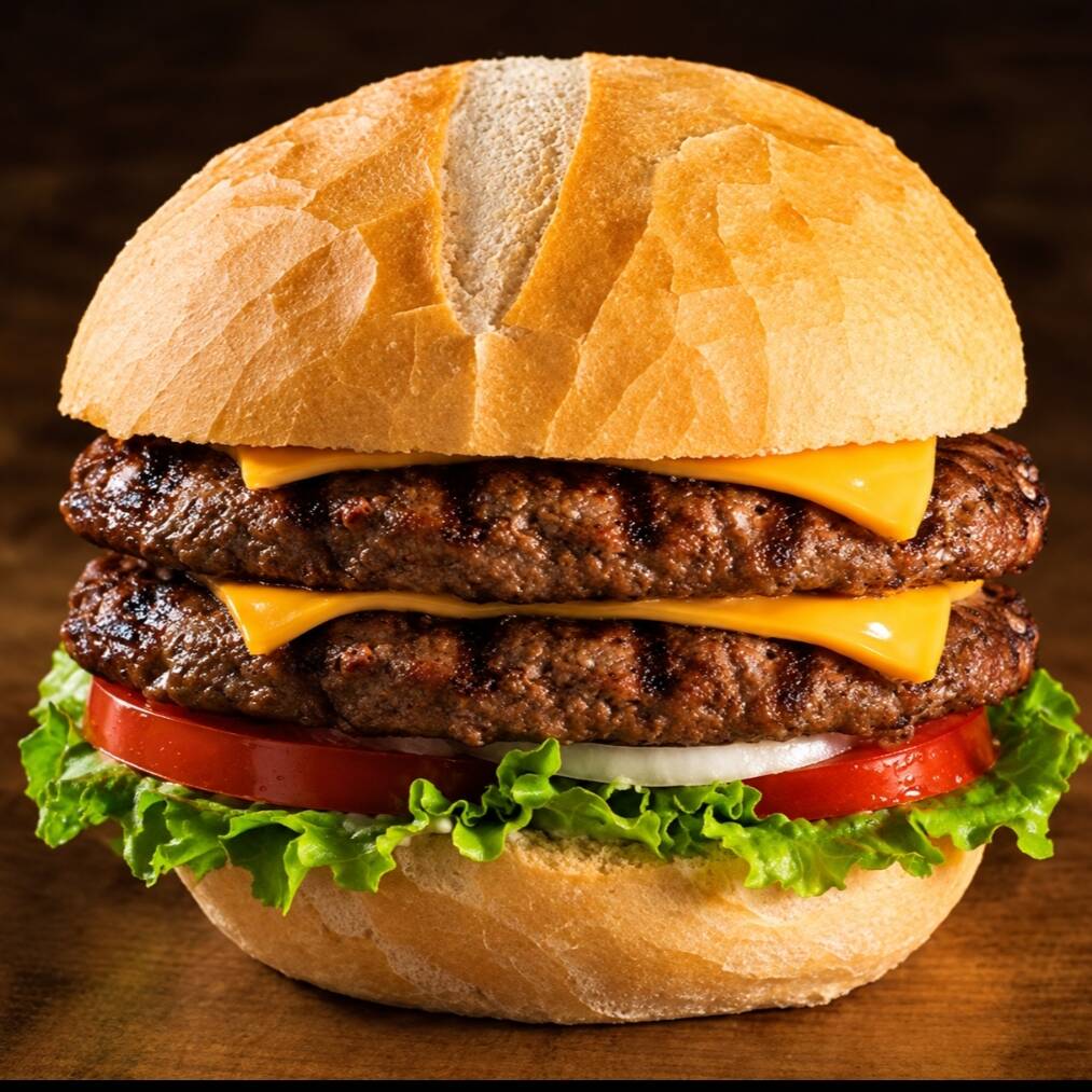 hambúrguer de carne Angus de 160 g, pão crocante, alface americana, tomate, molho de maionese do chef e queijo cheddar.