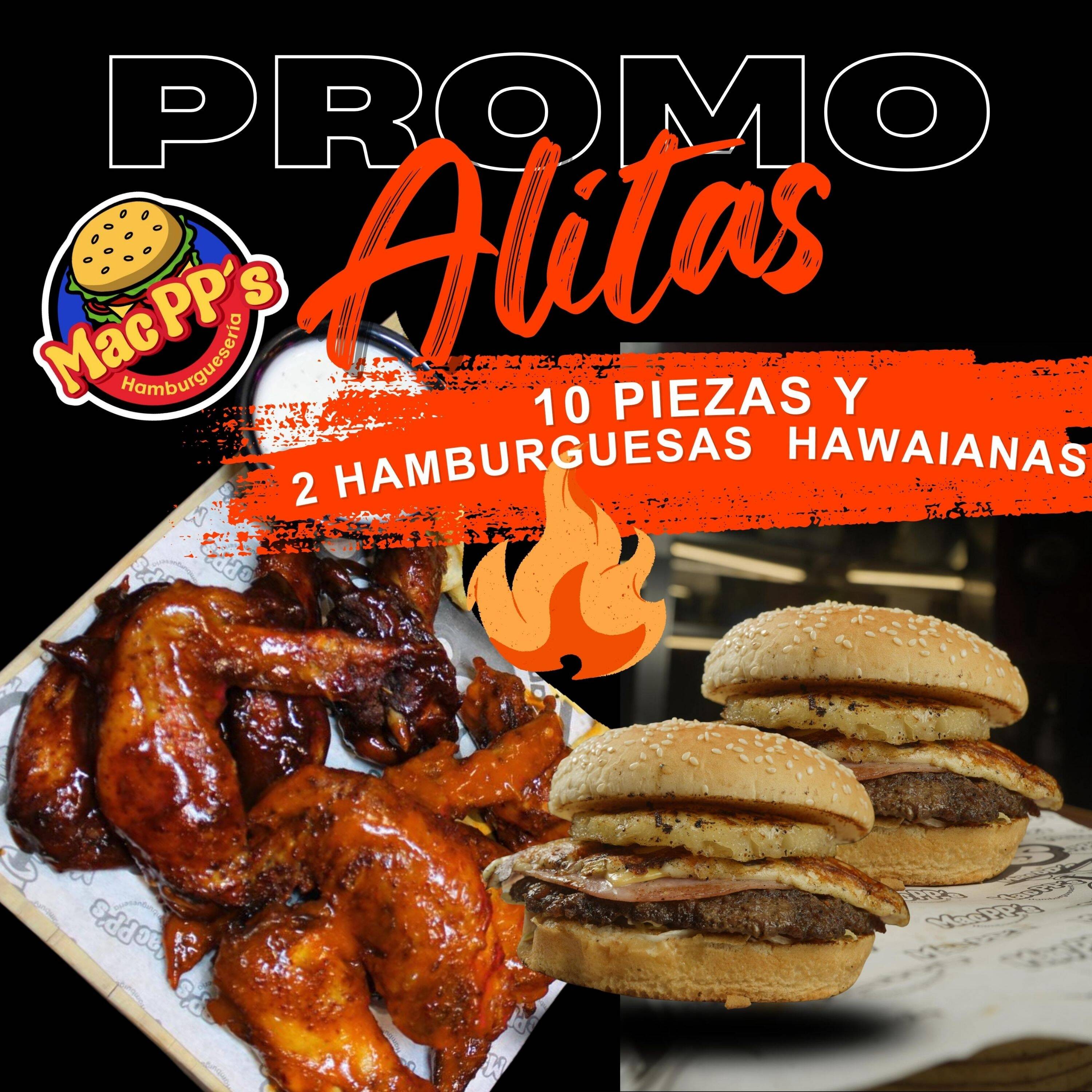 10 Alitas y 2 Hamburguesas Hawaianas
