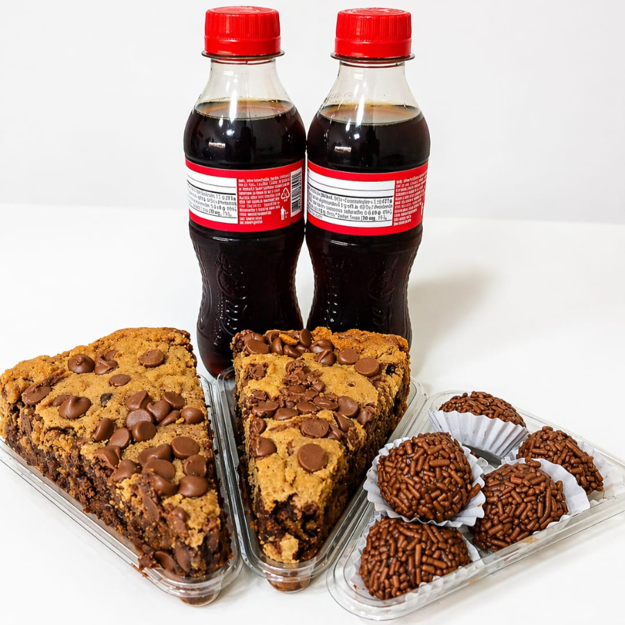 Um combo feito para quem ama uma explosão de sabor! 2 Cookies recheados com Nutella — macio por dentro, douradinho por fora — acompanhado de 6 brigadeiros cremosos e irresistíveis. Para completar, 2 Coca-Cola 200 ml bem geladinhas. A combinação perfeita para adoçar o Dia e matar a vontade de algo realmente gostoso!