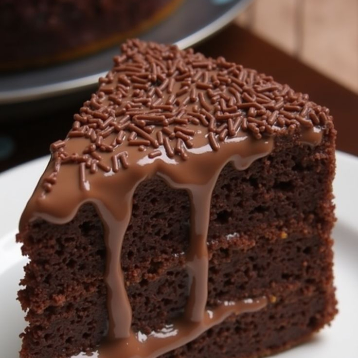 Fatia de bolo recheada com chocolate meio amargo caseiro, feito toda tarde.