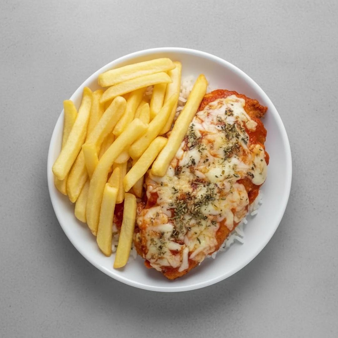 marmita com arroz branco file de frango , molho de tomate queijo mussarela e batatas fritas acompanha refri da foto
NAO VAI FEIJÃO
tamanho da marmita 500ml
com peso aproximado de 300g