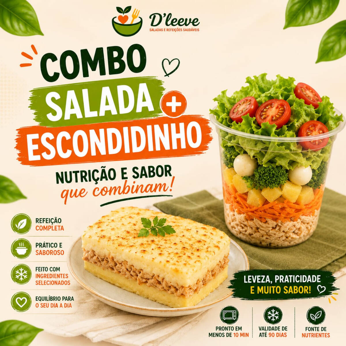 Uma combinação perfeita para deixar o seu almoço ainda mais completo. A salada é feita na hora, mas o escondidinho vai na marmita congelada e o tempo de preparo é de 6 a 10 minutos no microondas, dependendo da potencia. O ideal é sempre colocar o menor tempo e ir olhando para não passar do ponto.
