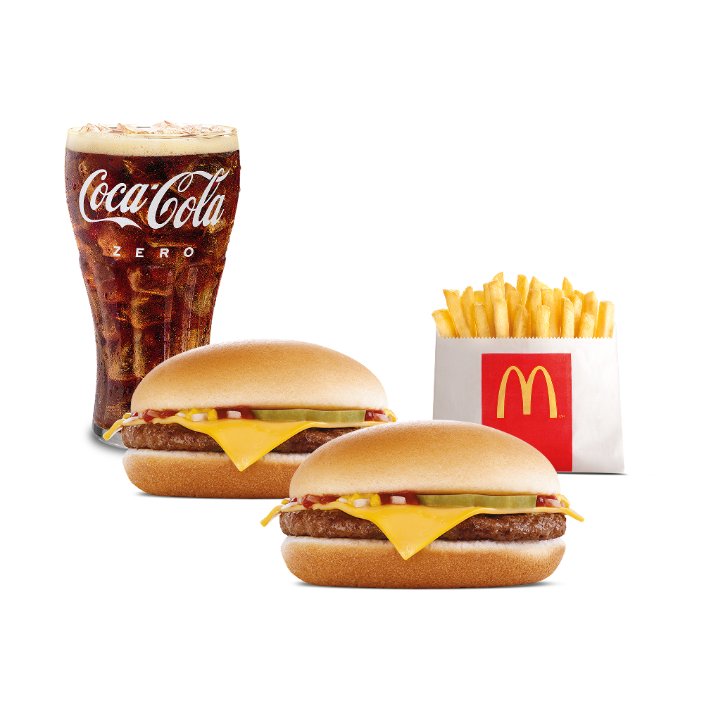 2 Hamburguesas con Queso + Gaseosa Pequeña + Papas Pequeñas