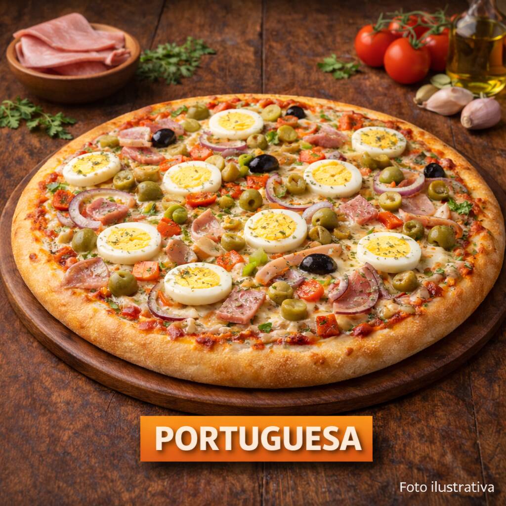 Mussarela, presunto, cebola, ovos, orégano, ervilha, palmito, azeitona e molho de tomate.