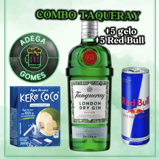 acompanha:1 garrafa taqueray,5 Red bulls,5 Gelo de coco, 3 Copos 700ML