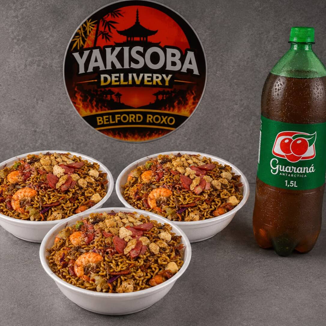 3 Yakisobas G Misto (frango, calabresa, camarão ou carne) + 1 GUARANA ANTARTICA ou FANTA 1,5LT