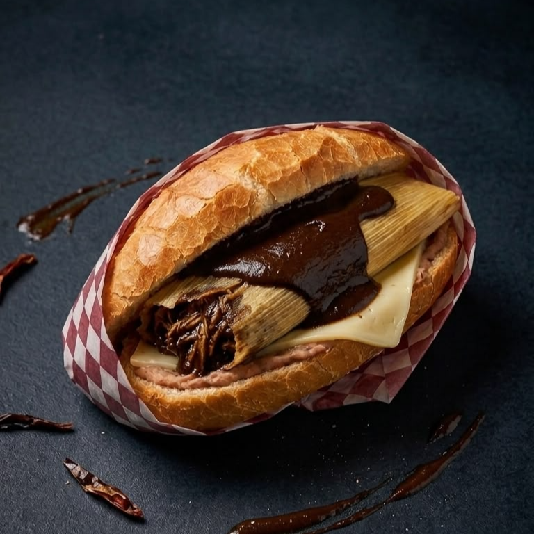 Guajolota de Tamal de Mole con Pollo