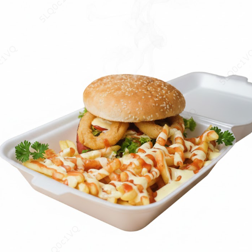 Hamb. con Aros de Cebolla y Papas