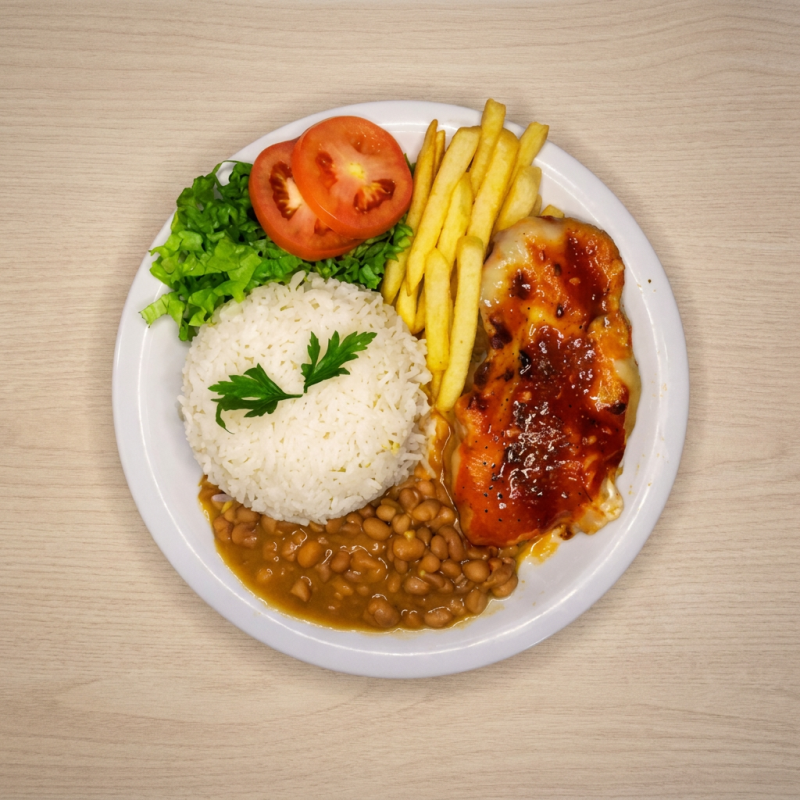 Parmegiana (escolha a sua!) com arroz, feijão carioca, farofa e batata frita. O sabor de comida caseira que você já conhece.