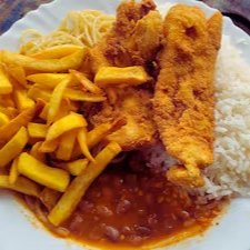 Filé de peixe, Arroz Branco, Batata Frita, Macarrão Alho e Óleo ou à Bolonhesa, Feijão e Salada
