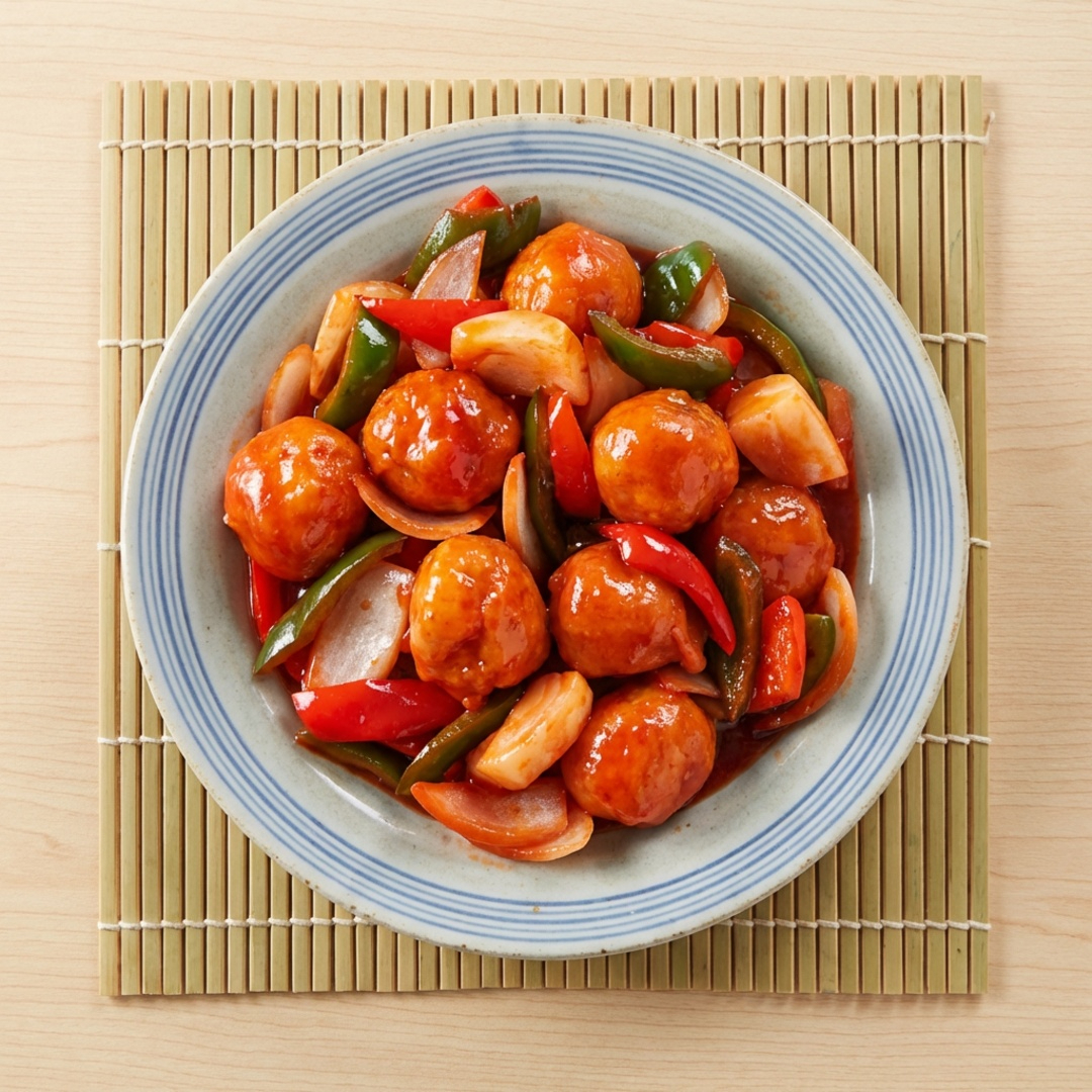 Cubos de peito de frango empanados, cebola, pimentão e abacaxi ao molho agridoce