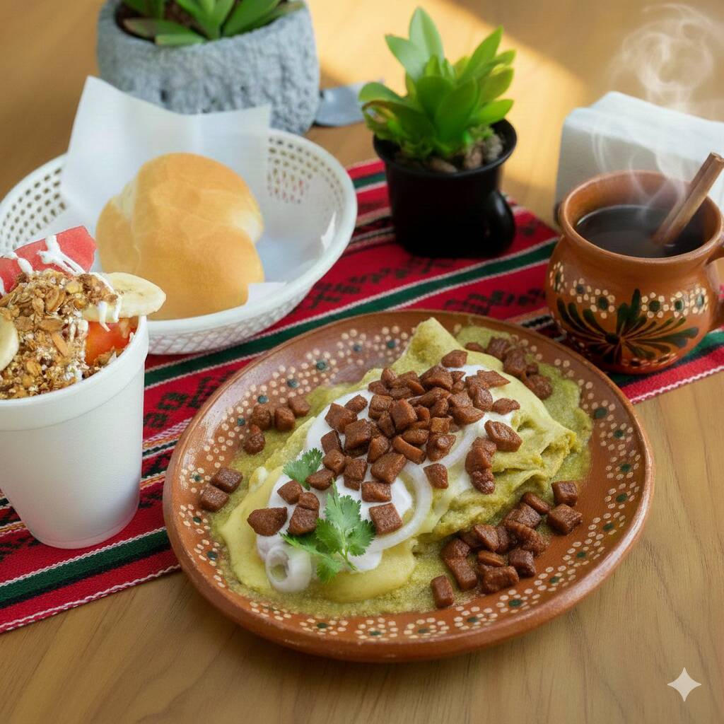 Enchiladas Suizas con Bistec + Fruta + Café