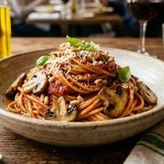 Pasta Con Salsa De Tomate Y Champiñones