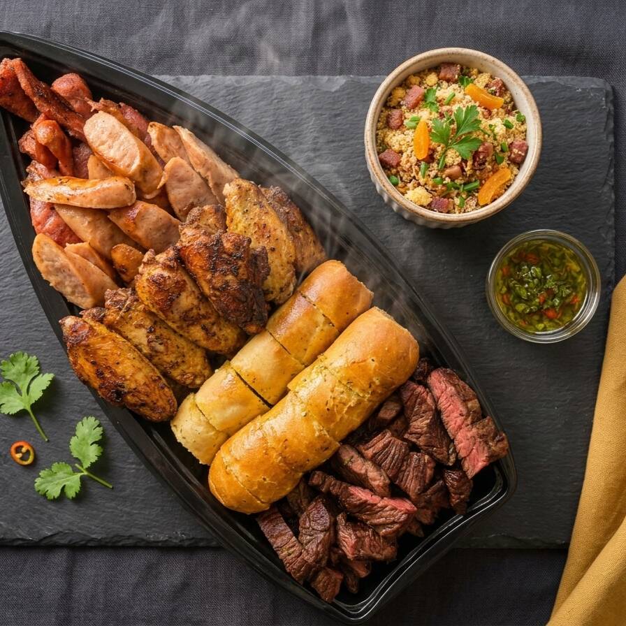 Delicie-se com o nosso 'Churrasco Completão Sua Família Feliz', uma seleção primorosa de carnes assadas à perfeição. Este prato conta com frango suculento, carne excepcionalmente macia, pão de alho com uma crocância inigualável, irresistivelmente tenra, linguiça repleta de sabor e uma farofa crocante para completar esta sinfonia de sabores. Nossa barca de churrasco é uma verdadeira explosão de pra