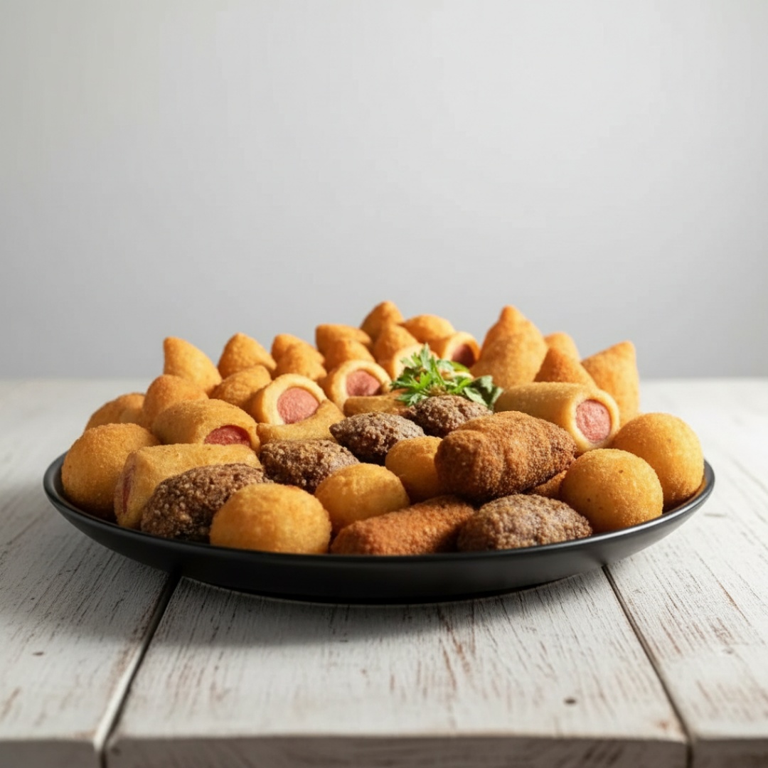 25 unidades de salgados de festa, elaborados com massa de qualidade e recheio cuidadosamente preparado. Uma opção ideal para eventos, comemorações e recepções, oferecendo sabor e apresentação que agradam a todos. Com aproximadamente 20g