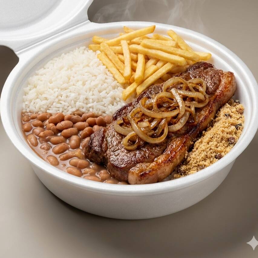 Delicioso Bife Bovino Acebolado, acompanha arroz, feijão, farofa, fritas e salada.