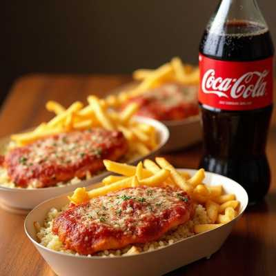 Filé de frango à parmegiana acompanhado de feijão preto, arroz branco, farofa da casa e batata frita. Essa refeição acompanha uma coca cola 350ml