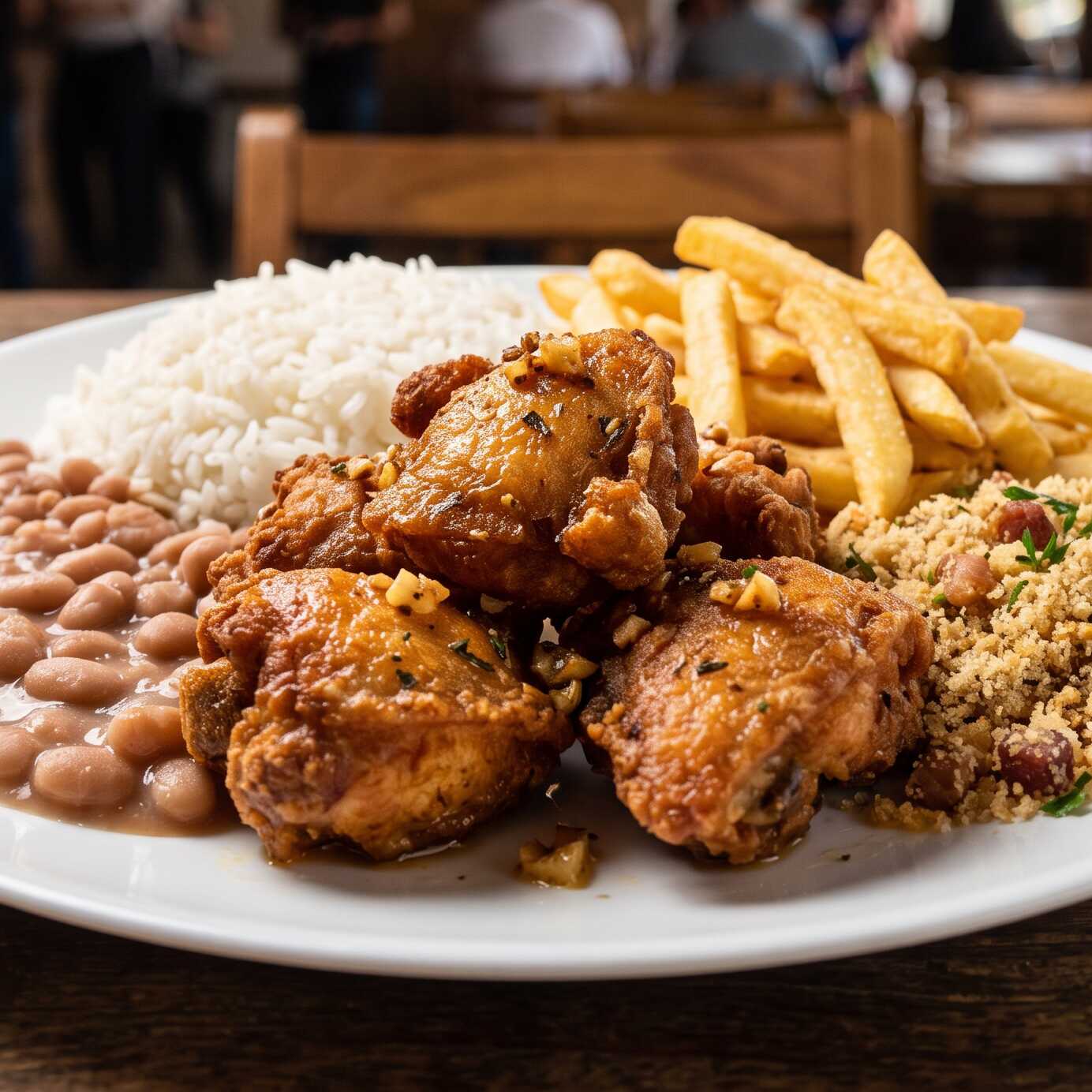 Pedaços de Frango à Passarinho, com Arroz, Feijão, Batatas Fritas e Farofa.