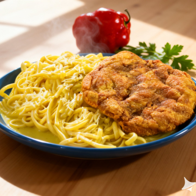 Fetuccini a la Huancaína con Milanesa Artesanal