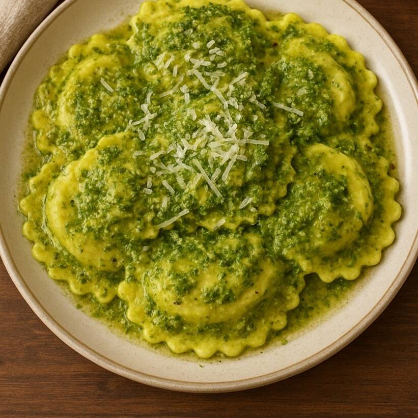Ravioles de carne con salsa alpesto
