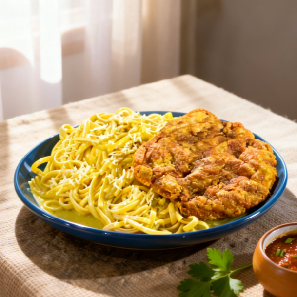 Tallarín a la Huancaína con Milanesa