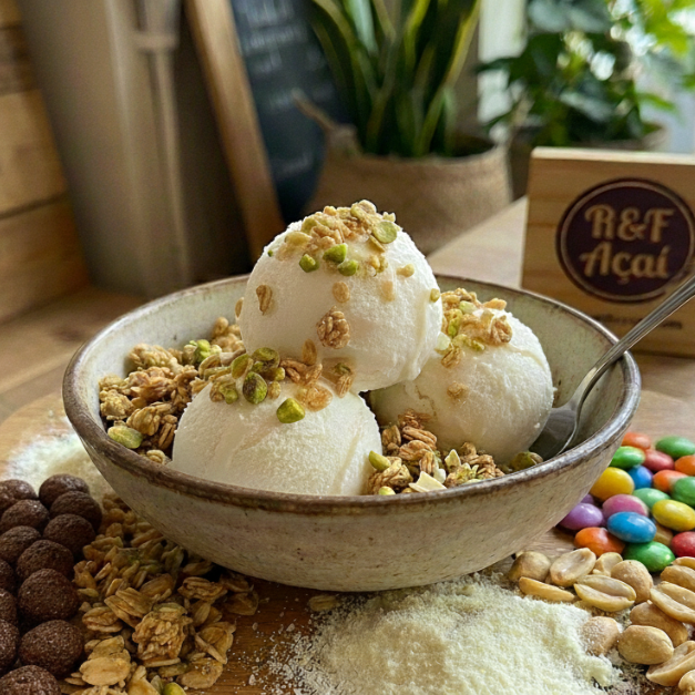 Leite em pó, granola, 1 fruta ,leite condensado ,bolinha de cereal e calda *Obs: Se não quiser granola pode substituir por amendoim, paçoca ou farinha lactea. Informar na observação! Se não, vai conforme esta descrito acima