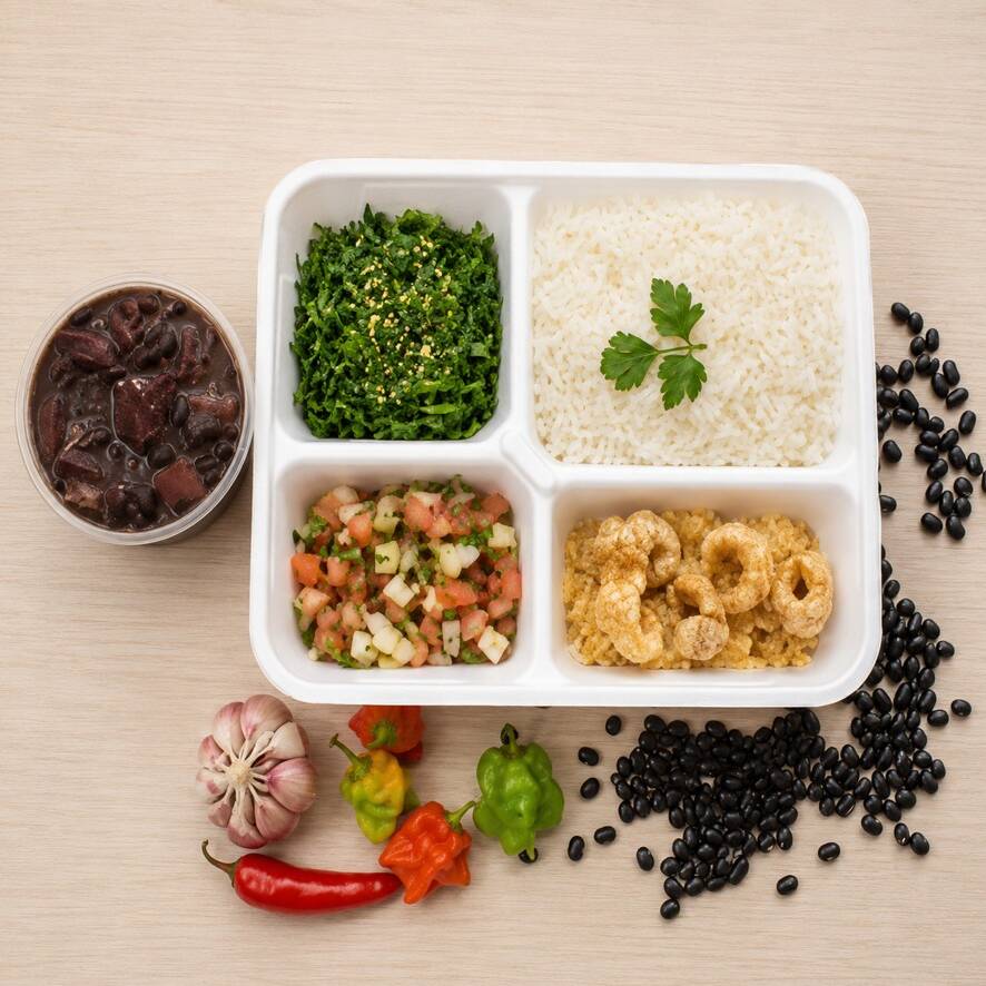 Feijoada, preparada em um autêntico fogão à lenha. Seleção e carnes magras, carne seca, lombinho fresco, costelinha suína, linguiça calabresa e linguiça paio, acompanha arroz branco, couve refogada na manteiga e alho, farofa a moda da casa, torresmo crocante e vinagrete.Os itens são enviados separados para você. (Serve 1 Pessoa)