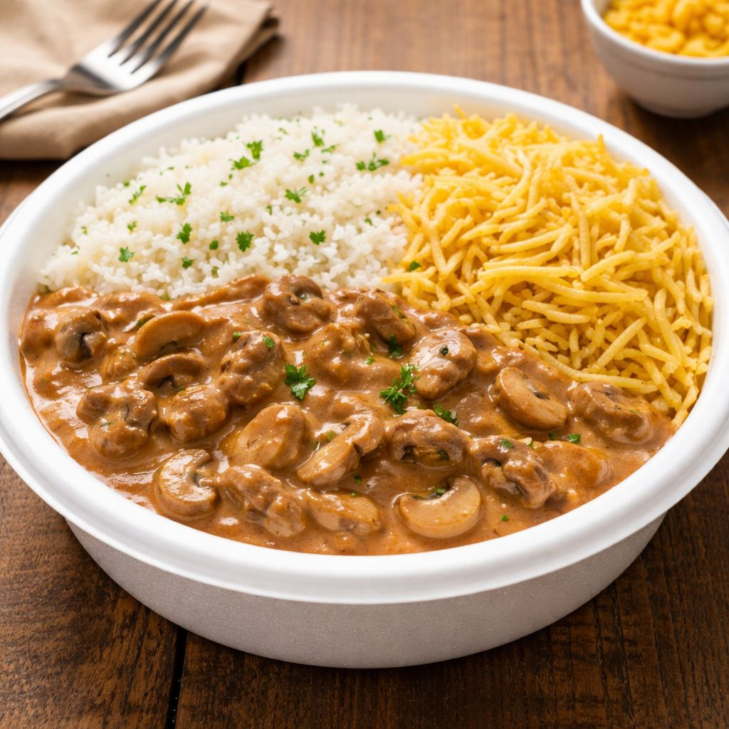 Lascas de Alcatra salteadas com conhaque, regados de creme de leite, molho de tomate e especiarias, servido com arroz branco e batata palha.