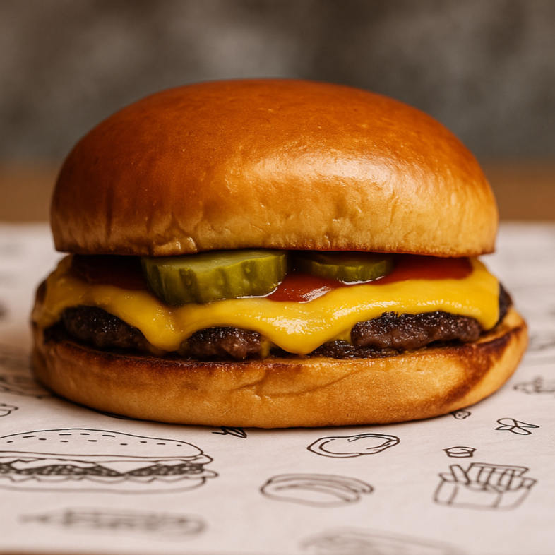 Clássico, na medida certa. Hambúrguer suculento com 120g de blend Angus, queijo derretido, pickles, ketchup e pão brioche macio, com ou sem gergelim. Simples, direto ao sabor.