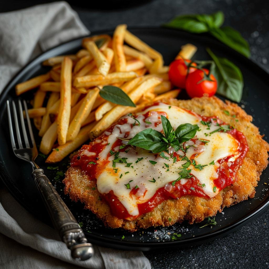 Parmegiana de carne suculenta, coberta com molho especial e queijo gratinado, acompanhada de arroz soltinho, feijão temperado e batata frita crocante. Um clássico irresistível!