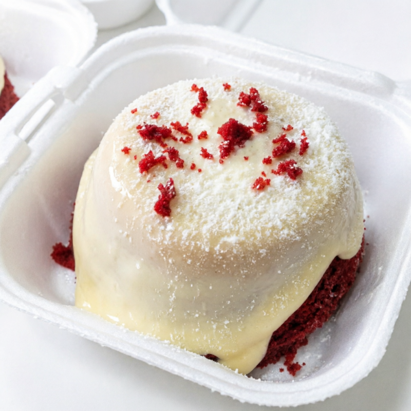 Mini vulcão edição especial Red Velvet. Massa molhadinha, saborosa e com coberturas à escolha. Serve 1 pessoa.