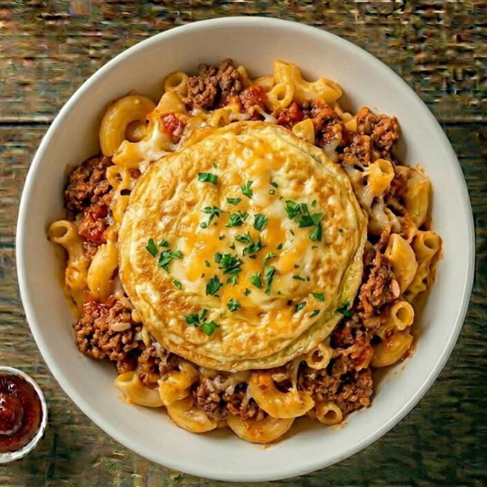 Macarrão, omelete de queijo recheado
