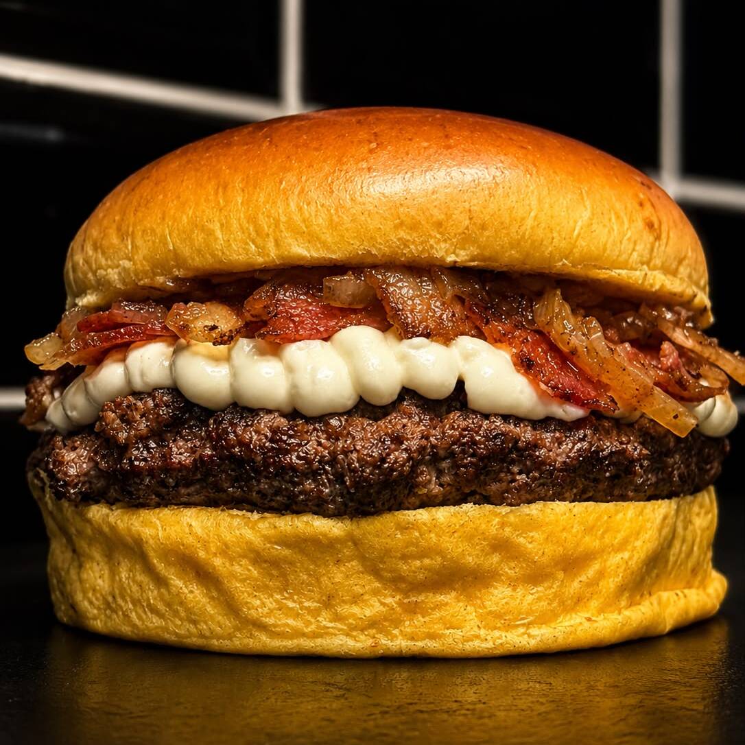 Apresentando nosso 'Super Bacon-Catupiry', uma joia da categoria 'Hambúrgueres Clássicos'. Este prato é composto por um irresistível pão brioche amanteigado, que derrete na boca, abrigando um generoso blend de carne pesando 120g. A estrela do prato, o muito amado bacon, aparece em quantidade suficiente para satisfazer os mais exigentes apreciadores. O Catupiry Original adiciona um toque de cremosidade e sabor único, enquanto a cebola caramelizada traz o contraponto perfeito com sua doçura sutil. É uma combinação que promete uma experiência de sabor inigualável.