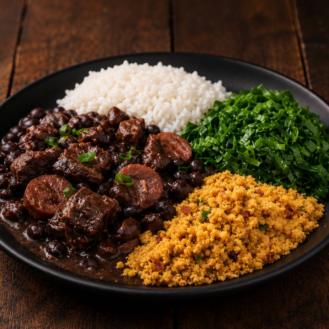 Uma porção individual de feijoada magra, preparada com carnes selecionadas e acompanhada de couve e farofa. O sabor tradicional, com menos gordura, para um almoço saboroso!