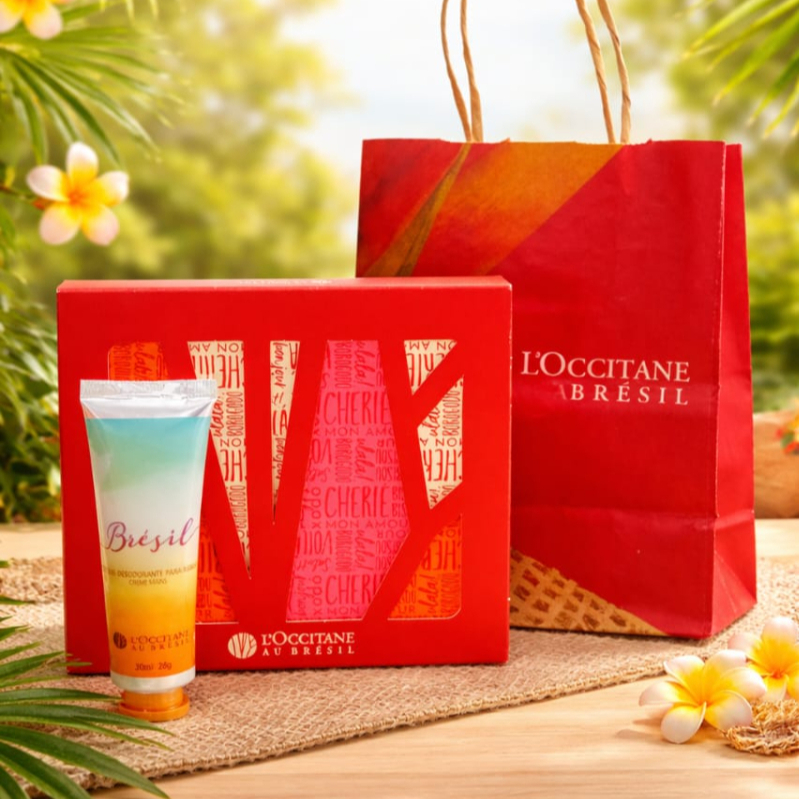 creme mãos 30ml, caixa com 4 sabonetes em barra 75g cada, sacola de presente