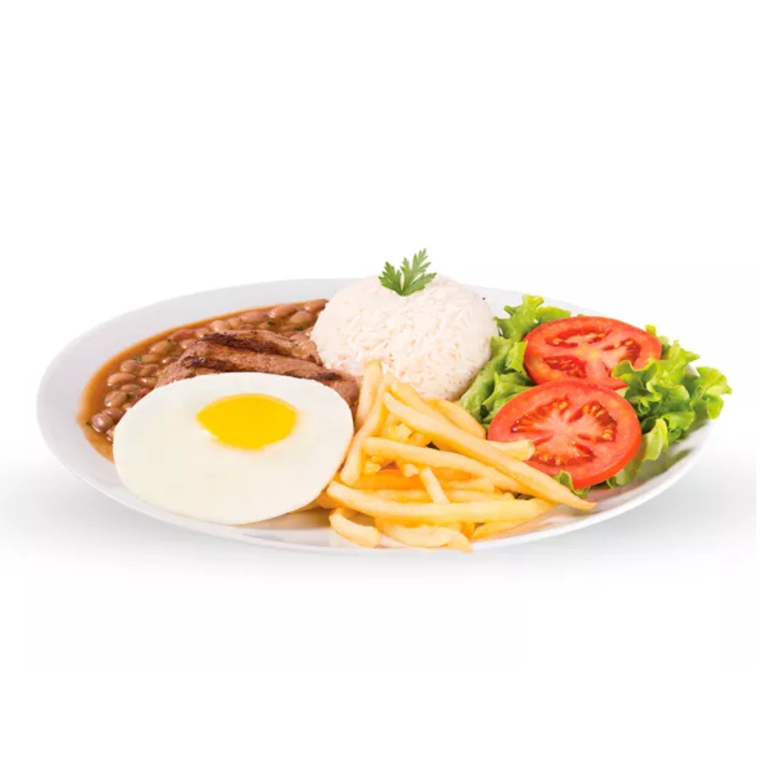 contra filé, ovo, fritas, arroz, feijão e salada