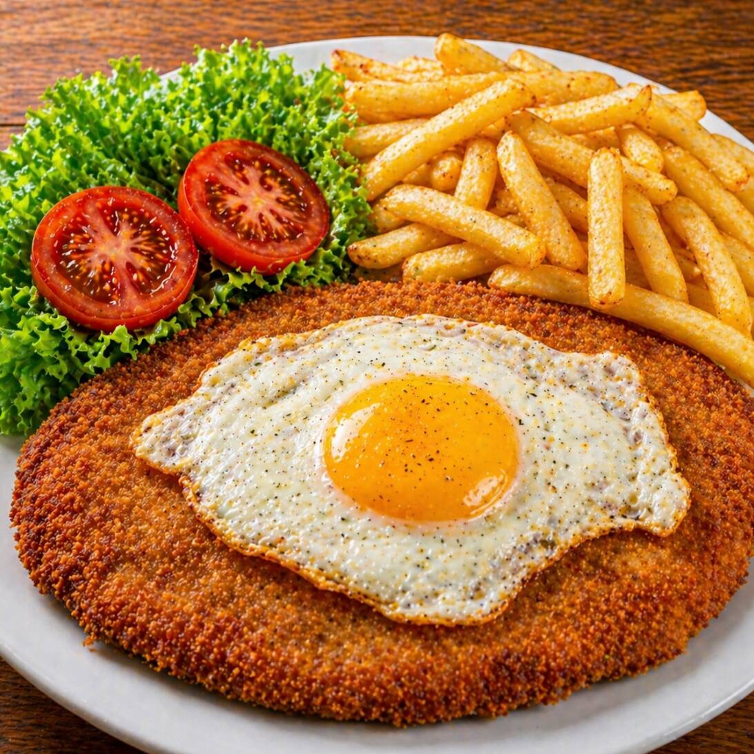 Milanesa Pibe a Caballo Grande + Papas + Ensalada