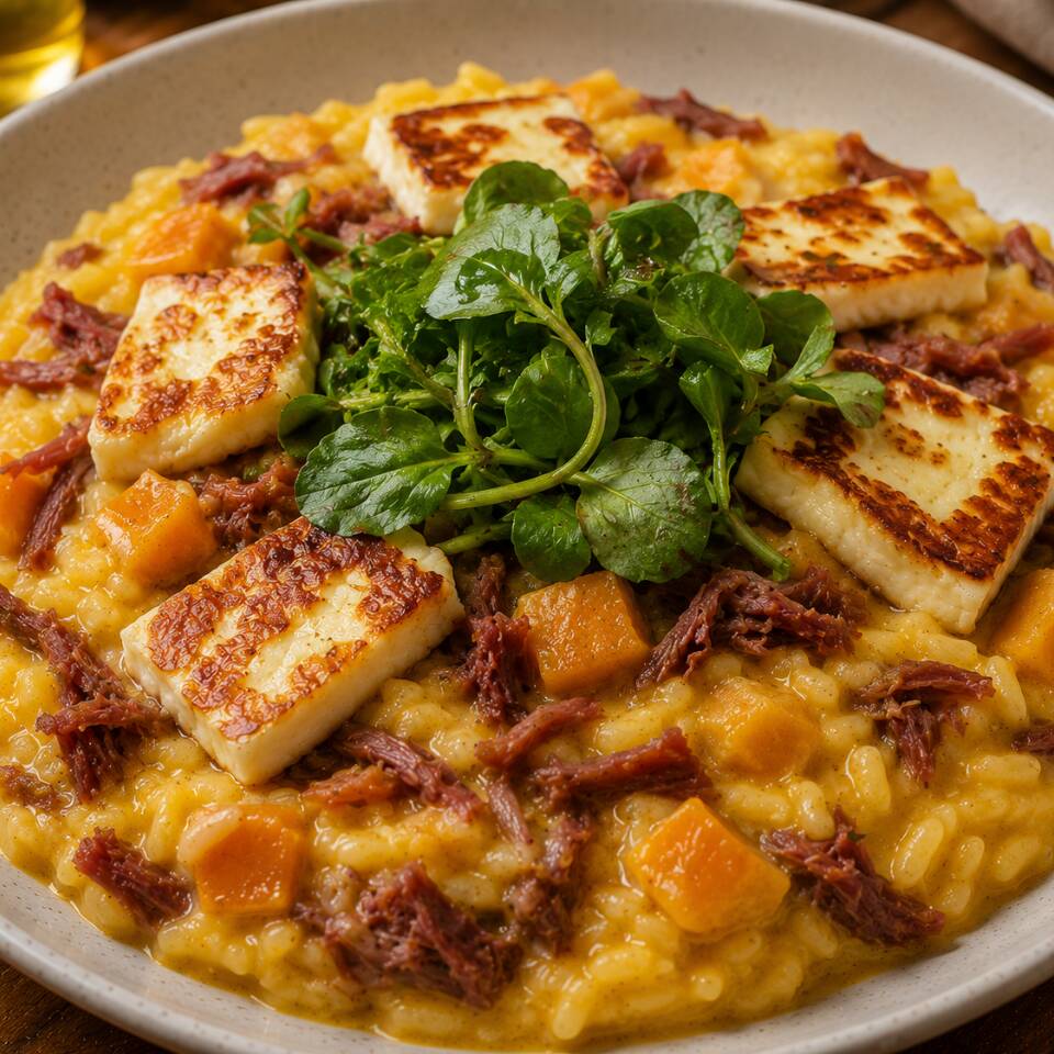 Irresistível!!! Arroz cremoso de abobora cabotia com carne seca desfiada, acompanhado de queijo coalho grelhado e agrião.