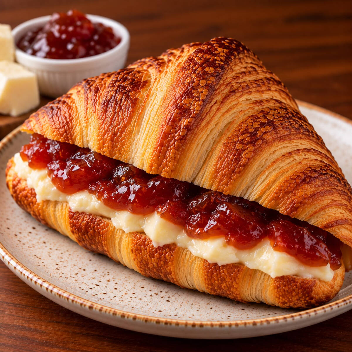 Croissant amanteigado recheado com queijo e goiabada cremosa