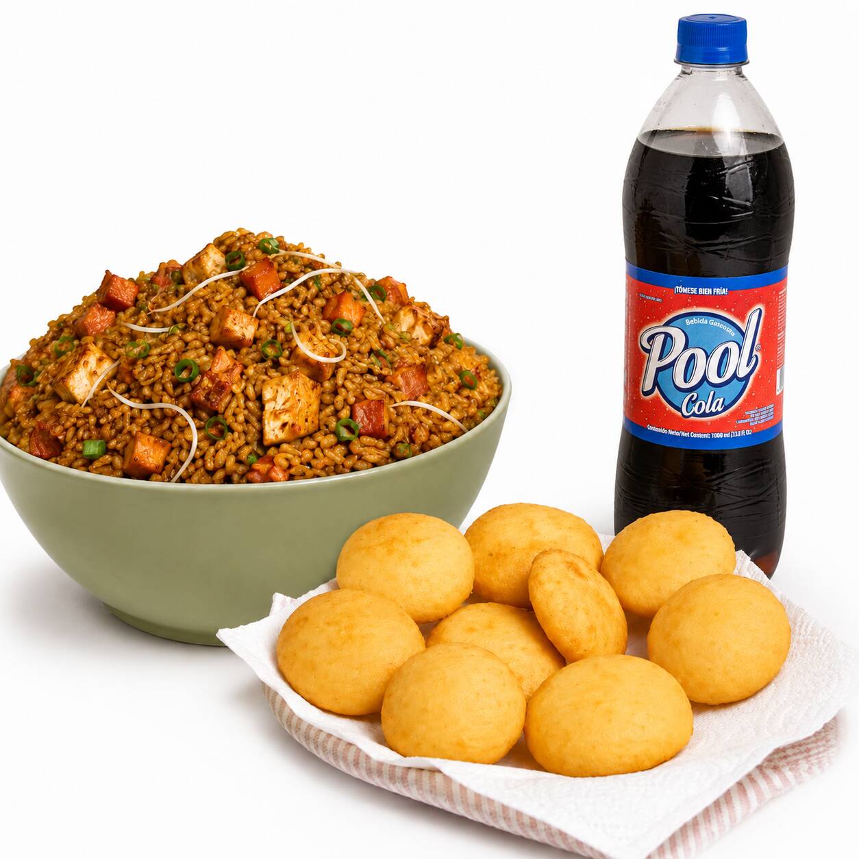 Arroz Chino 5 Personas, 6 Arepas Fritas gaseosa 1L
