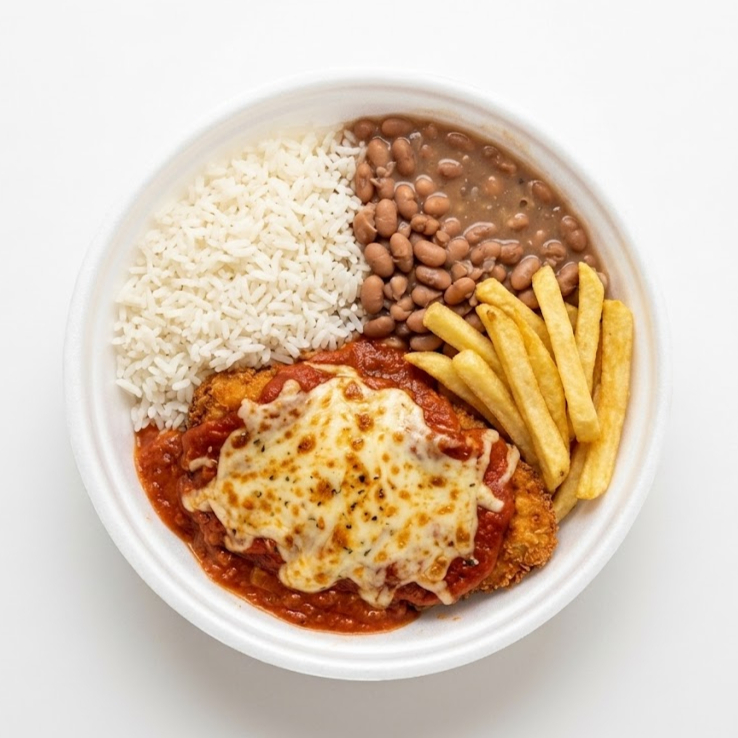 Filé de frango à parmegiana super suculento e cheio de queijo, servido com arroz soltinho, feijão bem temperado e uma porção generosa de batata frita sequinha e crocante. Serve 1 pessoa