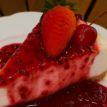 Base de bolacha recheio cremoso de cream cheese e cobertura de frutas vermelhas