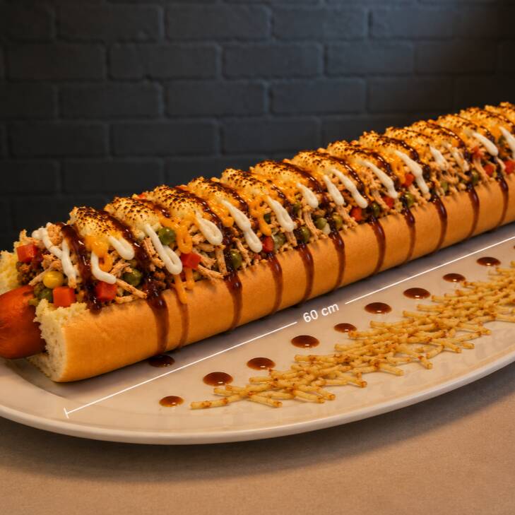 Pão, salsicha, carne moida, frango, cheddar,Catupiry, cebola, tomate, milho, cenoura, ervilha, batata palha, pure, queijo maçaricado, cebola caramelizada, barbecue, maionese (caseira)