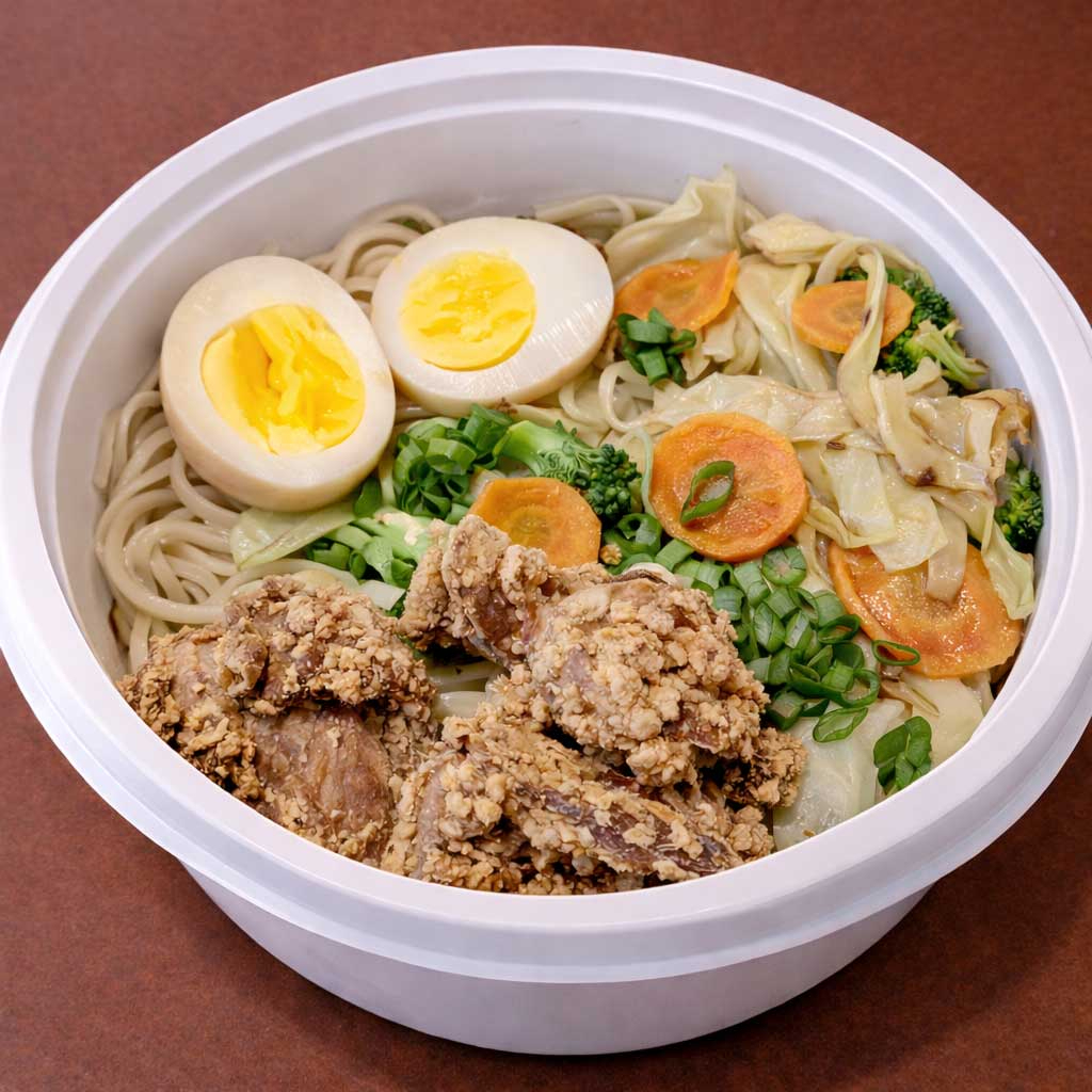 Misso lamen kara ague vai o frango a passarinho japonês, ovo com gema cremosa, legumes refogados. O caldo vai em uma embalagem separada para conservar a qualidade dos ingredientes, principalmente a massa do lamen. (imagem ilustrativa). Nosso misso lamen é preparado com o caldo de galinha de produção própria que leva mais de 6 horas para ficar pronto. Também na pasta de misso são acrescentados mais 10 temperos japoneses e orientais para acrescentar mais sabor ao caldo. A massa utilizada tem 30cm de comprimento seguindo a tradição dos melhores lamenyas do Japão, inclusive com farinha de trigo importada. O resultado é um lamen preparado com muito cuidado e carinho e com sabor que irá surpreender.